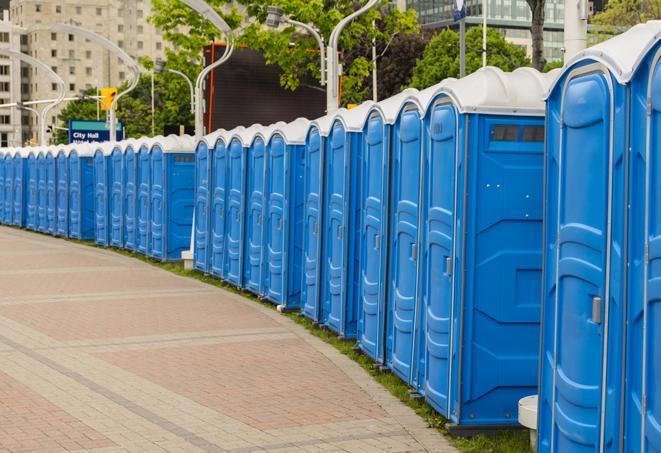 a row of portable restrooms at a fairground, offering visitors a clean and hassle-free experience in adrian